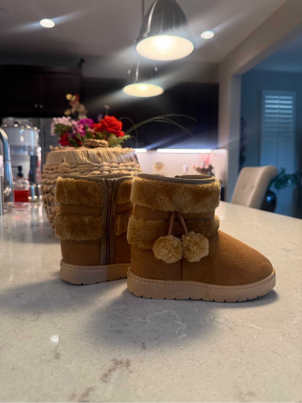 Kids Faux Fur Pom-Pom Winter Boots - Chestnut